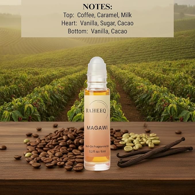 Magawi Premium Coffee Perfume Oil Roll-On – Long Lasting Caramel & Vanilla Gourmand Scent | Alcohol-Free Arabian Attar for Men & Women, Concentrated Fragrance, 6 ml (0.2 fl oz)