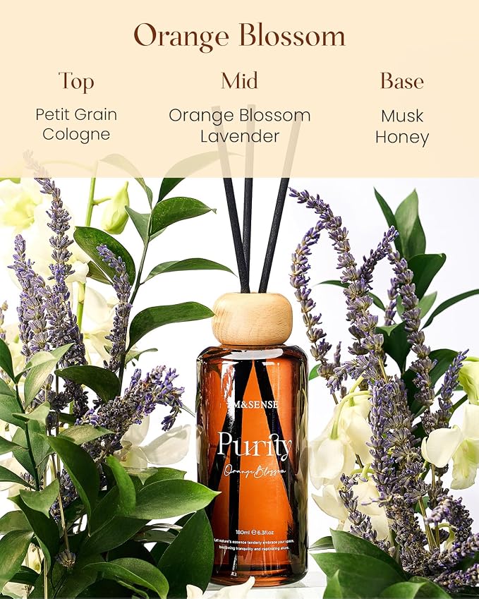 M&SENSE Orange Blossom Reed Diffuser: Upgraded Formula 6.3 fl oz Non-Toxic Aroma Set with Sticks, Long-Lasting Natural Essential Oil Gifts for Home, Bedroom