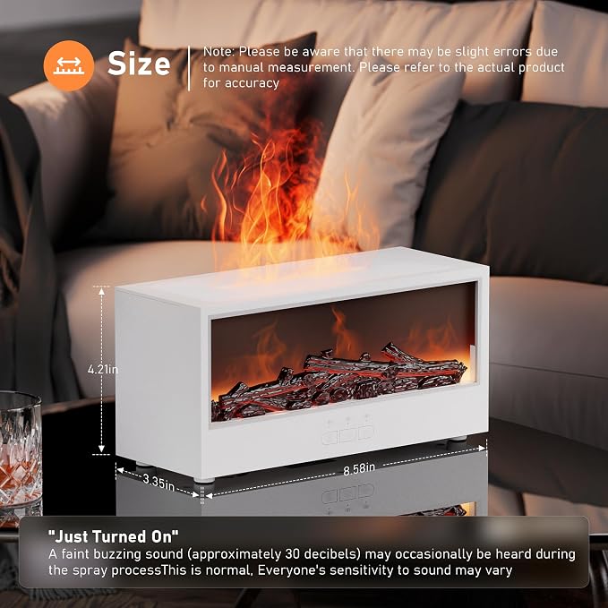 Fireplace Flame Air Diffuser Humidifier,7 Colors Aromatherapy Essential Oil Diffuser, Ultrasonic Aroma Humidifier with Remote Control & Timer for Bedroom, Home, Office, Yoga (White)