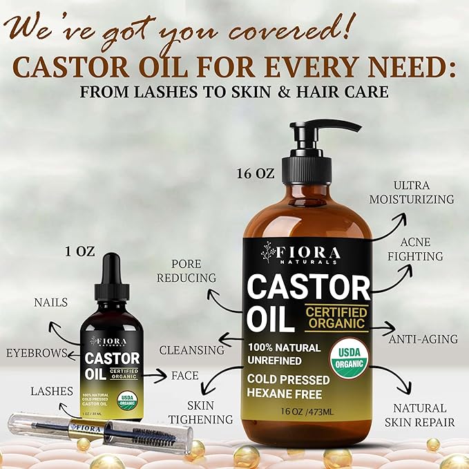 Fiora Naturals Organic Castor Oil in Glass Bottle – 16 Oz Cold Pressed & Hexane-Free – USDA Certified – Skin Moisturizer, Hair Growth Oil For Lashes, Brows, Skin & Scalp – with Pump