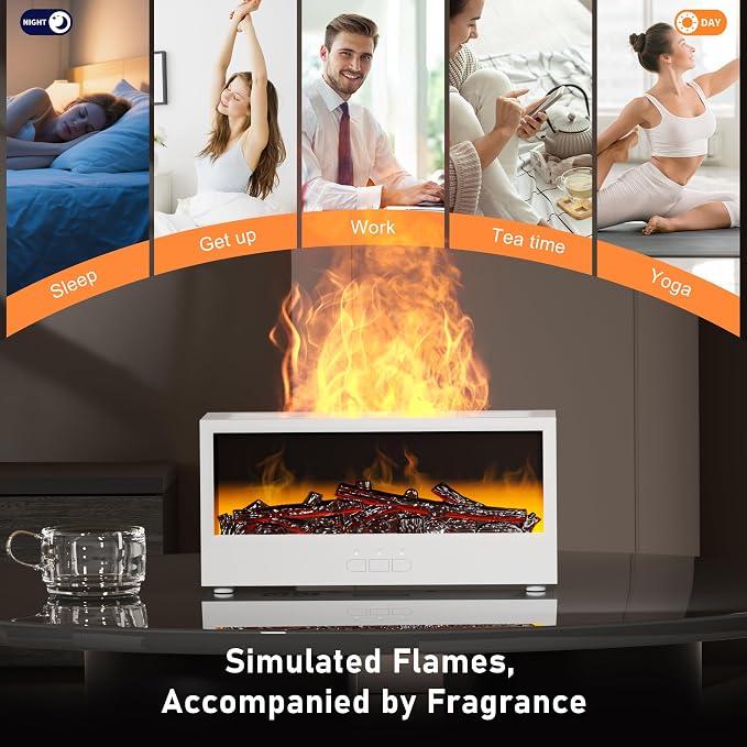 Fireplace Flame Air Diffuser Humidifier,7 Colors Aromatherapy Essential Oil Diffuser, Ultrasonic Aroma Humidifier with Remote Control & Timer for Bedroom, Home, Office, Yoga (White)