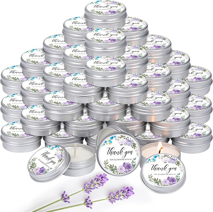 MTLEE 50 Pcs Purple Floral Wedding Candles Gift Favors for Guests 1 Oz Lavender Scented Soy Wax Aromatherapy Candle Favors for Bridal Shower Rustic Wedding Party Guests(Purple Flowers)