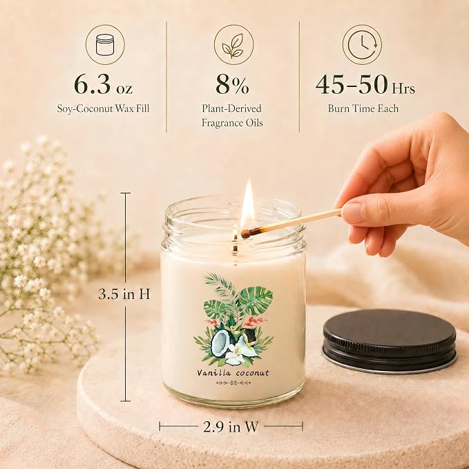 6 Pack Scented Candles Gift Set for Women, Soy Wax Jar Candles for Home, 37.8 oz Total Up to 300 Hours Burn Time, Fresh Scents, Lavender Lemon Mint Ocean Watermelon Vanilla Coconut