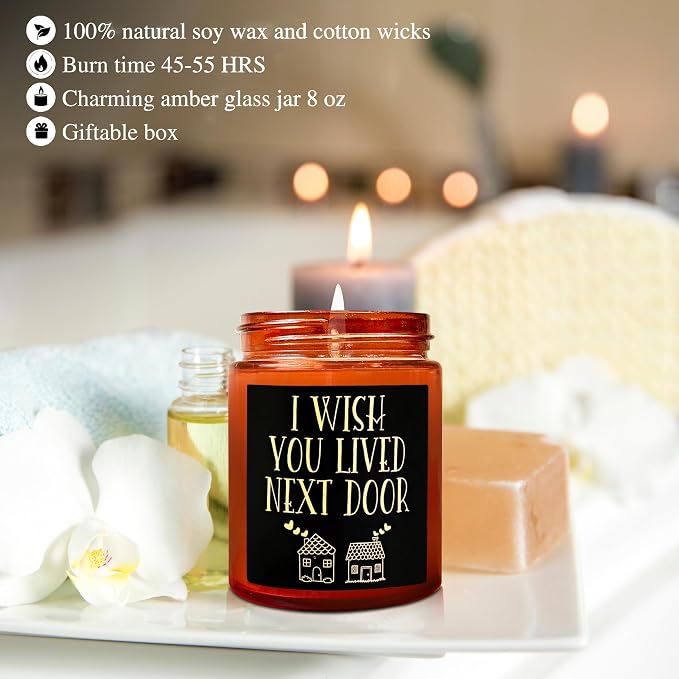 Gifts for Women Men - I Wish You Lived Next Door Candle for Her Best Friend Coworker Sister - Cute Birthday Friendship House Warming Gift - Sandalwood Amber Scented Candle for Relaxation