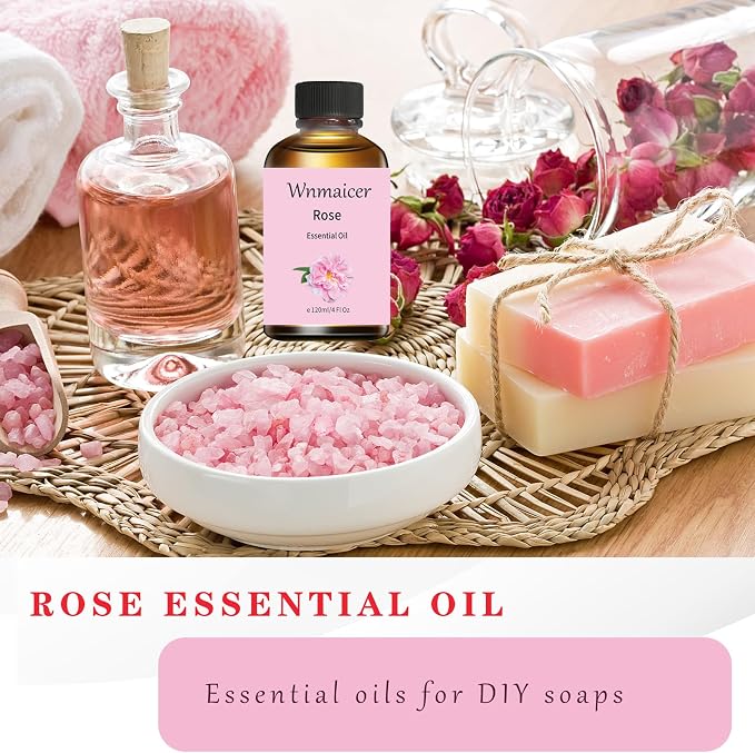 Rose Essential Oil 4 Oz, Premium Rose Oil with Glass Dropper for Massage, Face, Skin, Diffuser, Yoga, Meditation and Aromatherapy 120 mL
