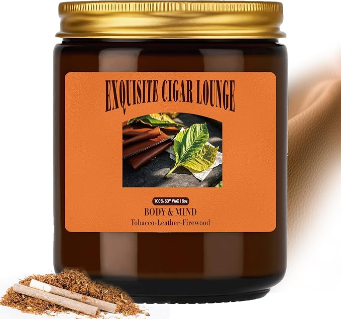 Scented Candles, Tobacco Leather Scented for Men, 8 oz Natural Soy Wax Masculine Scents Candle for Home, Birthdays Gifts for Men, Father, Friends