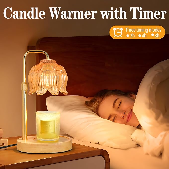Candle Warmer Lamp with Timer Dimmer, Adjustable Height Candle Wax Warmer, Christmas Birthday Gift for Mom Women,House Warming Gifts for New Home Bedroom Decor,(Lotus Flower-Amber)