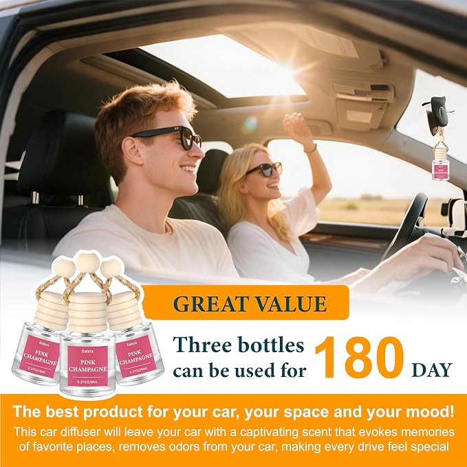 Hanging Car Air Freshener (Pack of 3) : Luxury Car Perfume for Women Men | Cute & Reusable Bottle with 45+ Days Long-Lasting Fragrance Oil Diffuser, Pink Champagne
