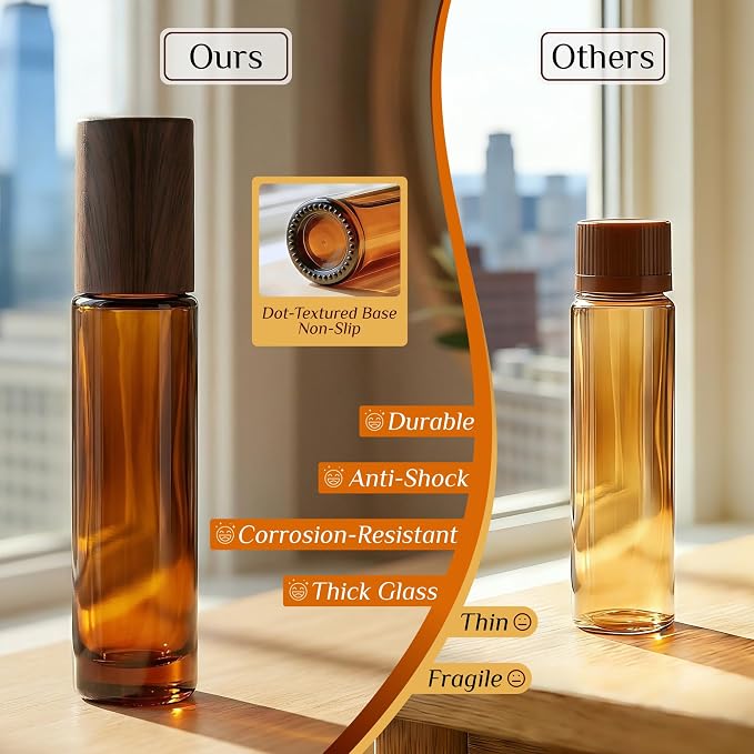 PrettyCare 12 Pack, 10 ml Essential Oil Roller Bottles with Stainless Steel Roller Ball - Refillable Leak-proof Empty Thick Amber Glass Roll on Bottles with Wooden Caps for Travel, Perfume