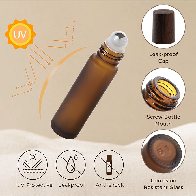 SESENSE Essential Oil Roller Bottles, 10ml Thick Glass Perfume Roller Bottles with Funnel Opener and Dropper Amber Glass Empty Bottles with Stainless Steel Roller Balls (Amber, 12 Pack)