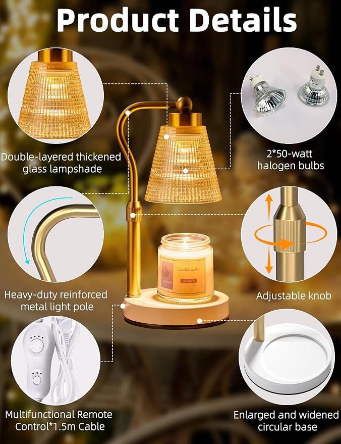 Candle Warmer Lamp for Jar Candles, Height Adjustable & Dimmable with 2/4/8H Timer, 2*50W Halogen Wax Melter Warmer for Home Office Décor, Flameless & Smokeless, Gift for Women Mom,Gold- Amber/1 Pack