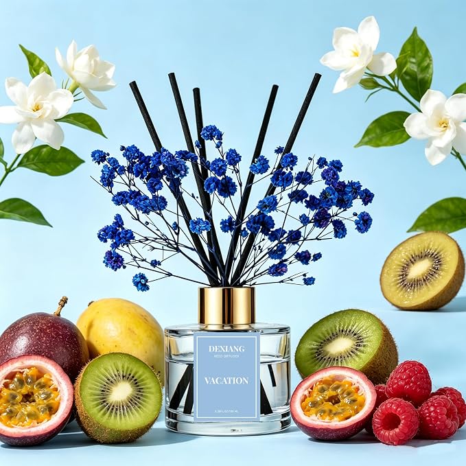 Reed Diffuser Set, 3.38 fl oz (100ml) Vacation Scent Oil Diffuser with 6 Reed Sticks, Natural Home Fragrance Reed Diffuser for Bathroom, Bedroom, Living Room Shelf Decor