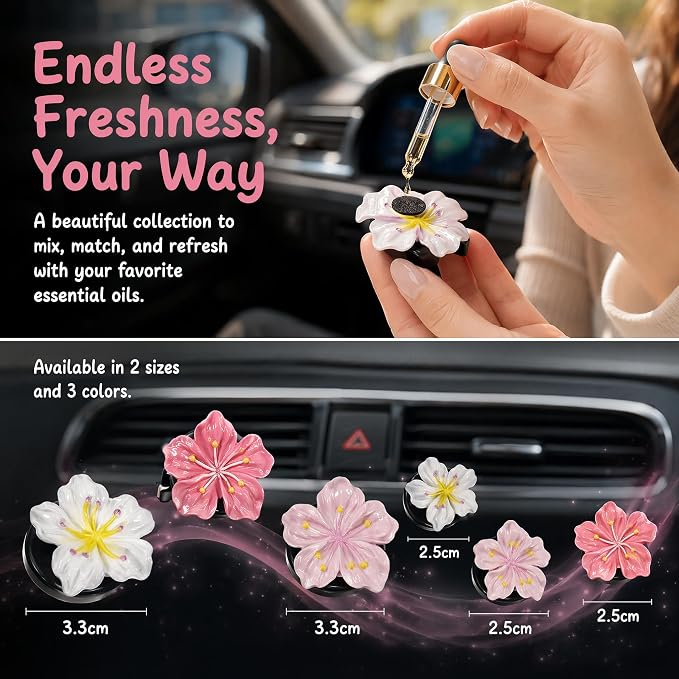 6PCS Cherry Blossom Flower Air Vent Clips, Cute Car Freshener Diffuser for Women Girls, Air Conditioning Outlet Clip for Interior Decor(White,Pink&Red)