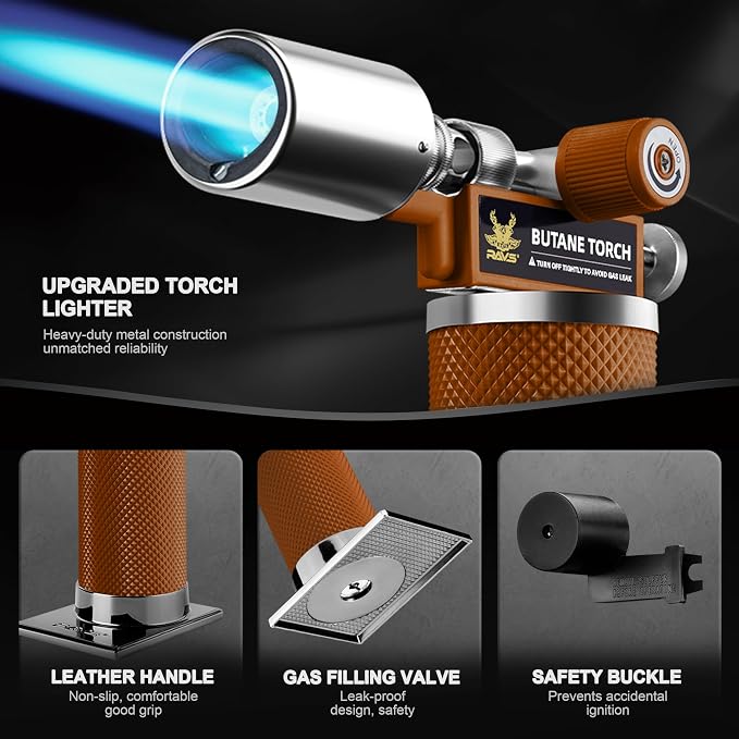 RAVS Butane Torch Lighter, Premium Metal Kitchen Torch with Adjustable Flame & Safety Buckle, Cooking Torch for Creme Brulee, BBQ, Welding, DIY, Brown, Butane Gas Not Included