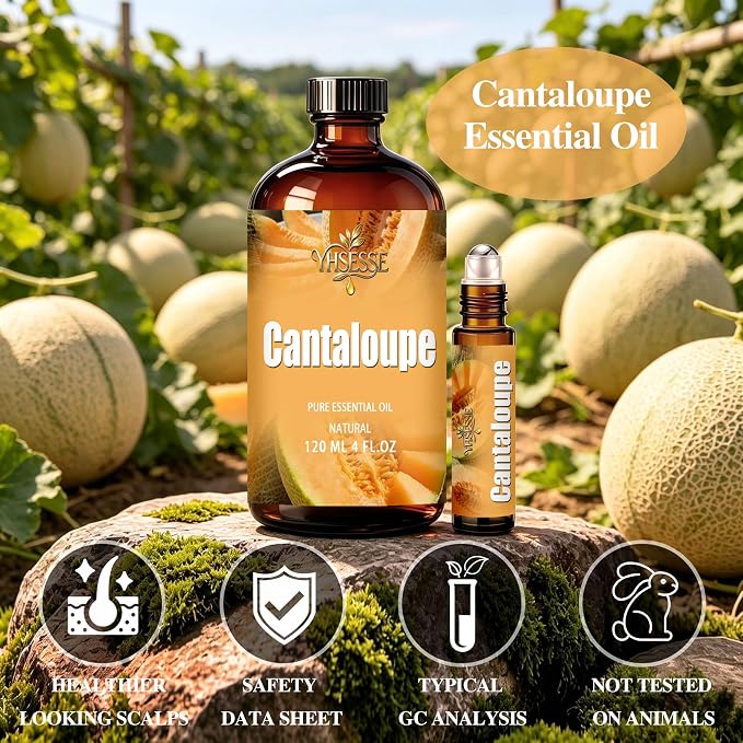 Cantaloupe Essential Oil, Cantaloupe Oil 4 Fl Oz 120ml for Diffuser Yoga Soap & Candle Making – with 0.33 Oz Roller Ball & Dropper YHSESSE Essential Oils