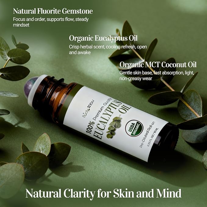Eucalyptus Essential Oil Roll On for Sinus Congestion Headache - 100% Pure USDA Organic MCT Coconut Oil - Cooling Breathwork Chest Aromatherapy Mental Clarity Focus - Gemstone Roller 10ml Travel Size