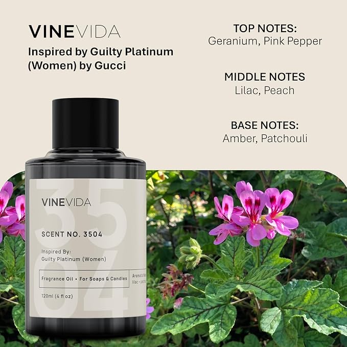 VINEVIDA Scent NO. 3504 Fragrance Oil - 120mL (4oz) - Inspired by: Guilty Platinum (Women) Fragrance Oil for Candle Making - Made in USA Candle Scents Scents for Soap Making