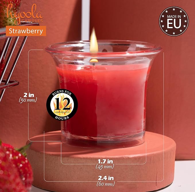 HYOOLA Clear Cup Scented Votive Candles - Strawberry - 12 Hour Burn Time - 4 Pack - European Made