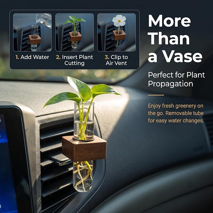 Car Vent Clip Bud Vase, Car Air Vent Propagation Vase Diffuser, Glass Tube Plants Ornamental Decoration, Universal for Horizontal, Vertical, Angled Outlets (Square Walnut)