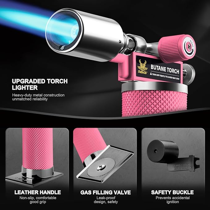 RAVS Butane Torch, Premium Metal Pink Torch Lighter with Adjustable Flame & Safety Buckle, Food Torch for Baking, BBQ, Desserts, Unique Gifts for Women, Butane Fuel Not Included