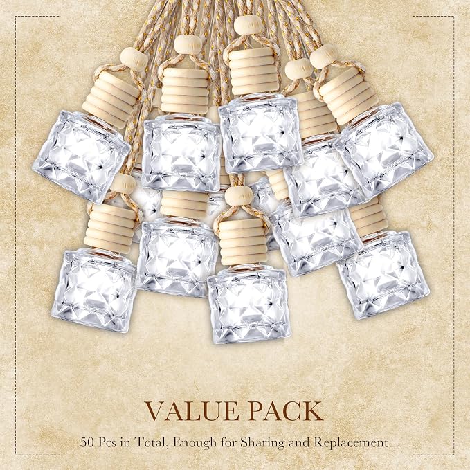 BBTO 50 Pcs Hanging Car Air Freshener Car Diffuser Bottles Empty Glass Perfume Bottle Freshener Diffuser Bottle Pendant for Essential Oil Fragrance Aromatherapy Ornament(Diamond)
