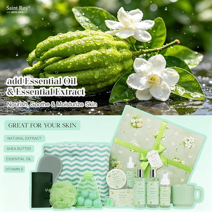 30 Pcs Spa Gifts for Women & Men, Bergamot Jasmine Bath & Body Gift Basket | Self-Care Relaxation Set, Face Skin Care Kit, Home Spa Gift, Birthday Christmas Anniversary, Cup Gift spa kit for Man & Mom