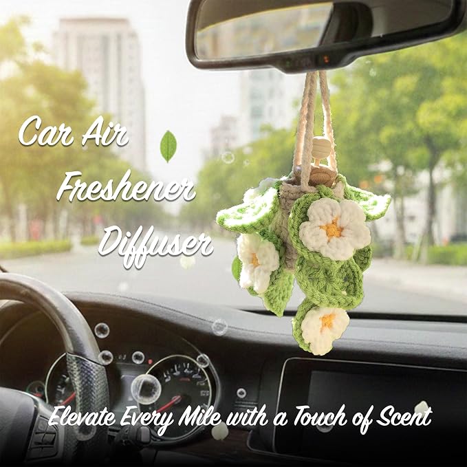 Crochet Car Air Freshener Succulent Daisy Accessories - 12ml Empty Refillable Oil Diffuser Bottle, Crochet Hanging Plant Car Decor Mirror Accessories For Women and Men