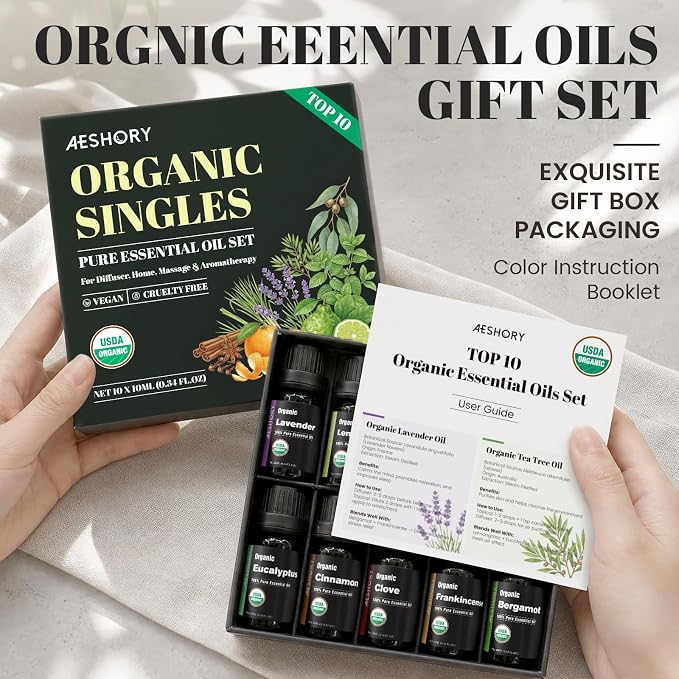 Organic Essential Oils Gift Set, Top 10x10ML-100% Pure Natural Aromatherapy for Diffusers, Humidifiers, Candle Making, Peppermint, Tea Tree, Lavender, Frankincense, Lemongrass, Eucalyptus & More