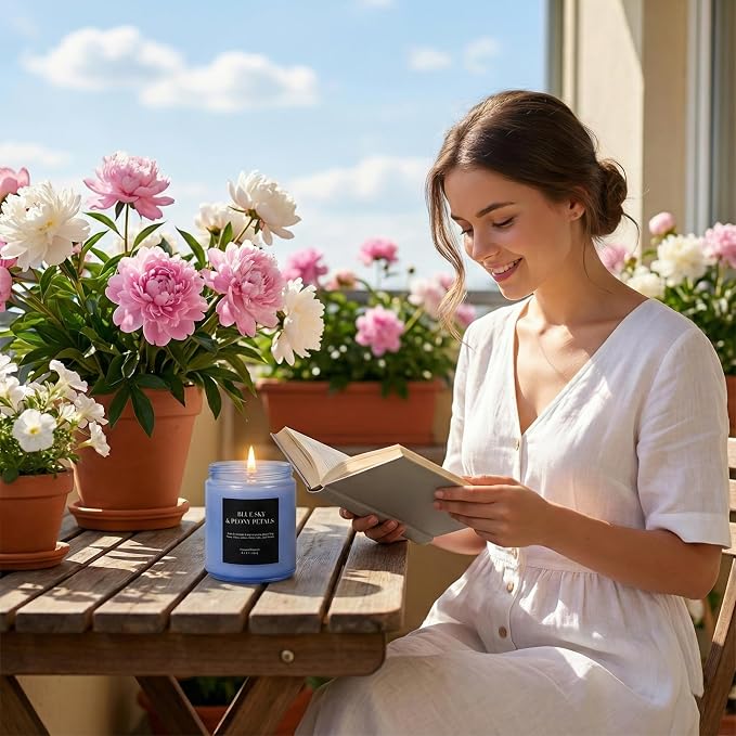 Blue Sky & Peony Petals Scented Candle 6.5oz – CW Studio Color-Sprayed Glass Jar, Fresh Floral Spring Aroma – Gift for Women, Birthday & Bridal Shower – 30-35 Hour Burn