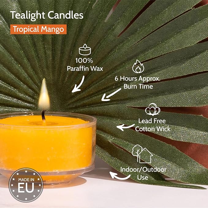 HYOOLA Scented Tealight Candles - Clear Cup - Tropical Mango Tealight Candles Scented - 6 Hour Burn Time - 15 Pack - European Made