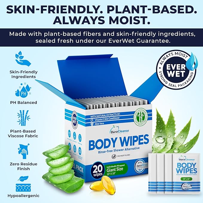 Body Wipes for Adults Bathing No Rinse - 20 Count Travel Shower Wipes - 10 x 10" Individually Wrapped Thick Cleansing Waterless Wash Scrubs - Disposable Washcloths for Camping & Elderly Incontinence