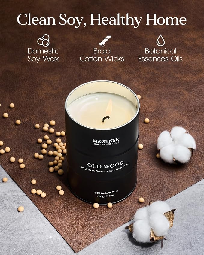 M&SENSE Oud Wood Large Scented Candles Natural Soy Wax, 21.2oz Long Lasting Up to 120 Hours Burning Time, Unique Candle Gifts for Men Women