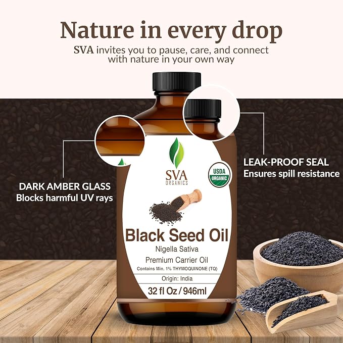 SVA Black Seed Oil Organic - 32 Fl Oz – 100% Natural Cold Pressed Organic Black Seed Oil - for Face, Skin Care, Hair Care, Scalp Massage & Body Massage – Carrier Oil