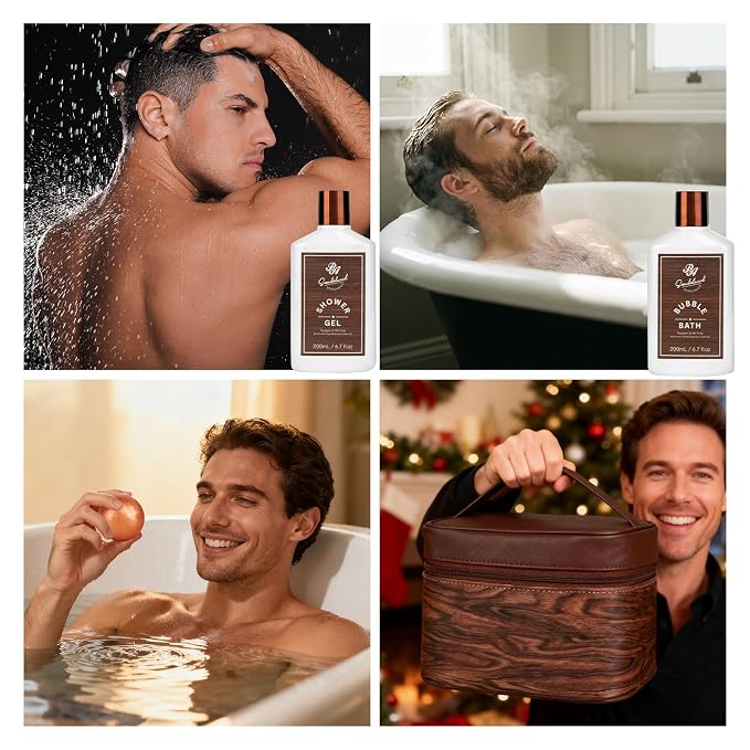 21 Pcs Sandalwood Bath & Body Care Gift Basket Set for Men, Father's Day Gifts for Dad, Men Skin Care Gift Set, Leather Bag, Home Spa Kit, Birthday,Anniversary, Christmas, Boyfriend