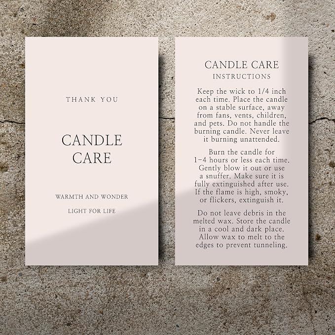 100 pack - Premium Handmade Candle Care Instruction Cards Beige 2x3.5 in, Small Business | Soy Bees Wax Melt, Candle Makers, Making Supplies Kit Set, Containers, Jars, Pot, Package