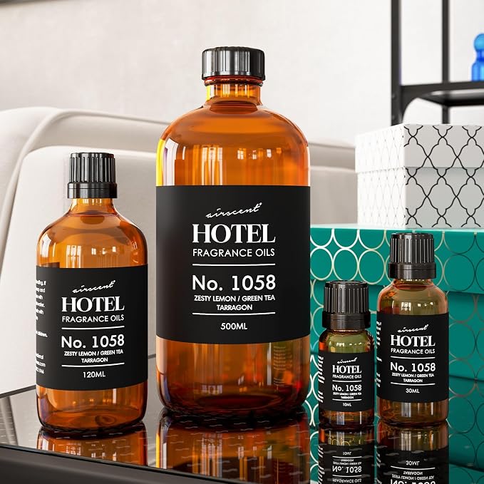 AirScent Hotel Diffuser Oil No. 1058 - Shiso Tea Inspired - Lemon Green Tea Tarragon - Fragrance Oil for Ultrasonic and Waterless Diffusers and Crafting - 30 mL, 1 fl oz Glass Bottle