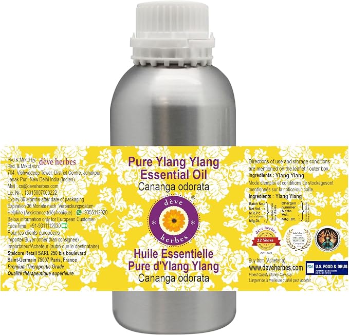 Deve Herbes Pure Ylang Ylang Essential Oil (Cananga odorata) Steam Distilled 630ml (21 oz)