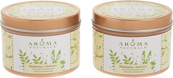 Aroma Naturals Tin Candle with Patchouli and Frankincense Essential Oil Natural Soy Scented, Meditation, 2 Count (Pack of 3)