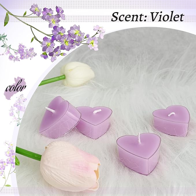 Violet Scented Heart Tealight Candles, Purple Scent Tea Lights Candles Clear Cup, 24 Pack Colored Tealights Candle, 4 Hour Burn Time Tea Candles for Weddings Romantic Valentine's Day Decor