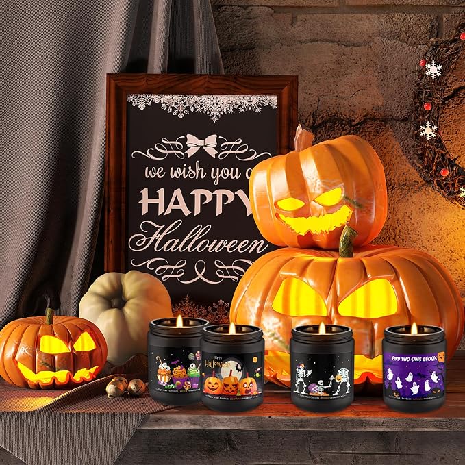 Halloween Scented Candles Set, 4 Pack (7oz Each) Soy Wax Candles with Pumpkin, Ghost, Skeleton Designs, Perfect for Halloween Decor, Gifts and Aromatherapy.