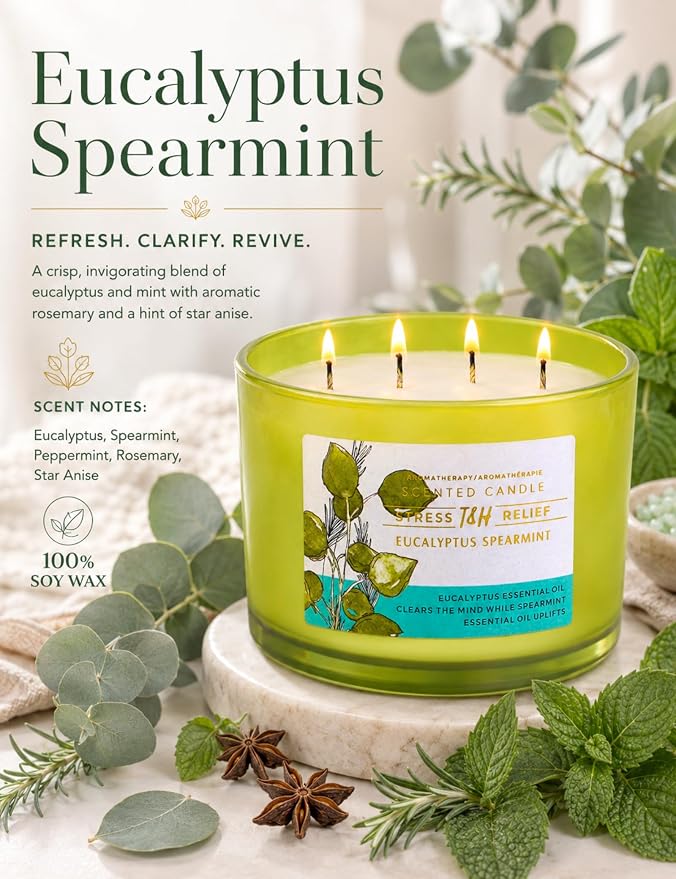 Eucalyptus Spearmint Candle | 4 Wick Extra Large Scented Soy Candle 20 oz | Highly Scented Aromatherapy Stress Relief Spa Candles | Fresh Eucalyptus Mint Home Scent | Long Lasting Clean Burn