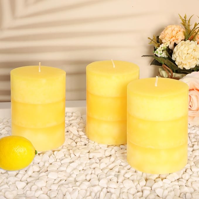 Yellow Pillar Candles 3x4 Inch Hand-Poured Lemon Scented Candles Lemongrass Fragrance Long Lasting Clean Burning Smokeless Summer Candle for Home Scent Bathroom Rustic Table Decor, Set of 3