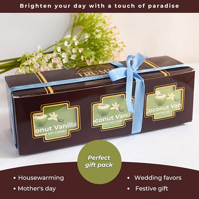 Coconut Vanilla - Aromatherapy Candles for Home Scented - Pack of 3-5oz Natural Soy Wax Clean Organic Non Toxic - Long Lasting Highly Scented with Essential Oils - Gifts for Women Relaxing Spa