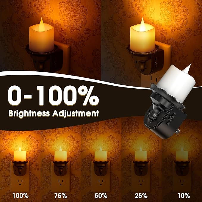 Briignite Candle Night Light, Amber Night Lights Plug into Wall 2 Pack, LED Flicker Candle Night Light with Light Sensor, 0-100LM Dimmable Nightlight for Kids Hallway Bathroom
