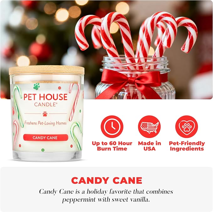 One Fur All Pet Candle 9 OZ Plant-Based Air Freshening Candle, Clean Burning and Long Lasting with a 60 Hour Burn Time - Candy Cane