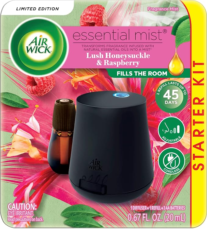 Air Wick Essential Mist Starter Kit (Diffuser + Refill), Lush Honeysuckle & Raspberry, Essential Oils Diffuser, Air Freshener