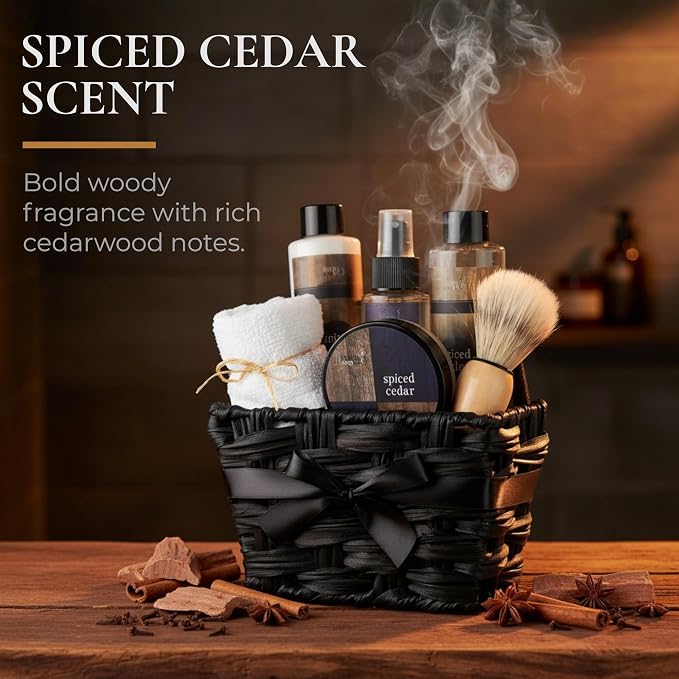 Freida & Joe Spiced Cedar Men's Spa Gift Basket- Self Care Gifts for Him | Shower Gel, Body Lotion, Body Mist, Body Scrub, Beard Brush & Towel
