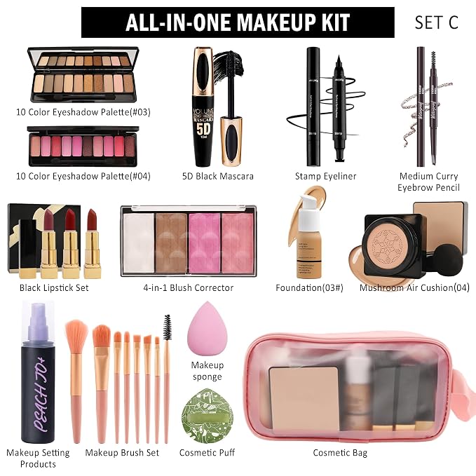 All in One Makeup Kit for Women Full Kit,Travel Makeup Kit for Teens,Make Up Gift Set with Everything,Foundation Eyeshadow Lipstick Eyebrow Blush Powder, Mother's Day Make Up Gift Set for Women-E