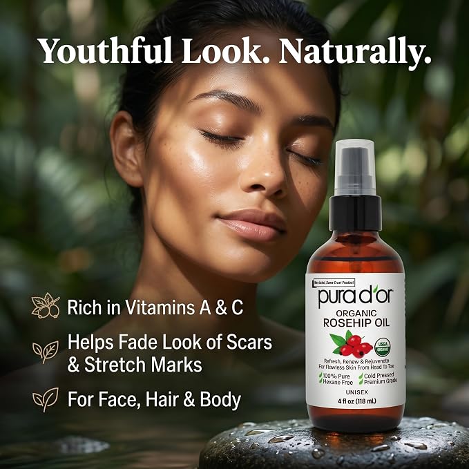 PURA D'OR ORGANIC Rosehip Seed Oil 100% Pure Cold Pressed USDA Certified For Hair, Skin, Scalp, Anti Aging Face & Body - Hexane Free Glass Bottle - 4 Oz - Hair Regrowth Tonic