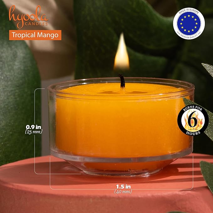 HYOOLA Scented Tealight Candles - Clear Cup - Tropical Mango Tealight Candles Scented - 6 Hour Burn Time - 15 Pack - European Made